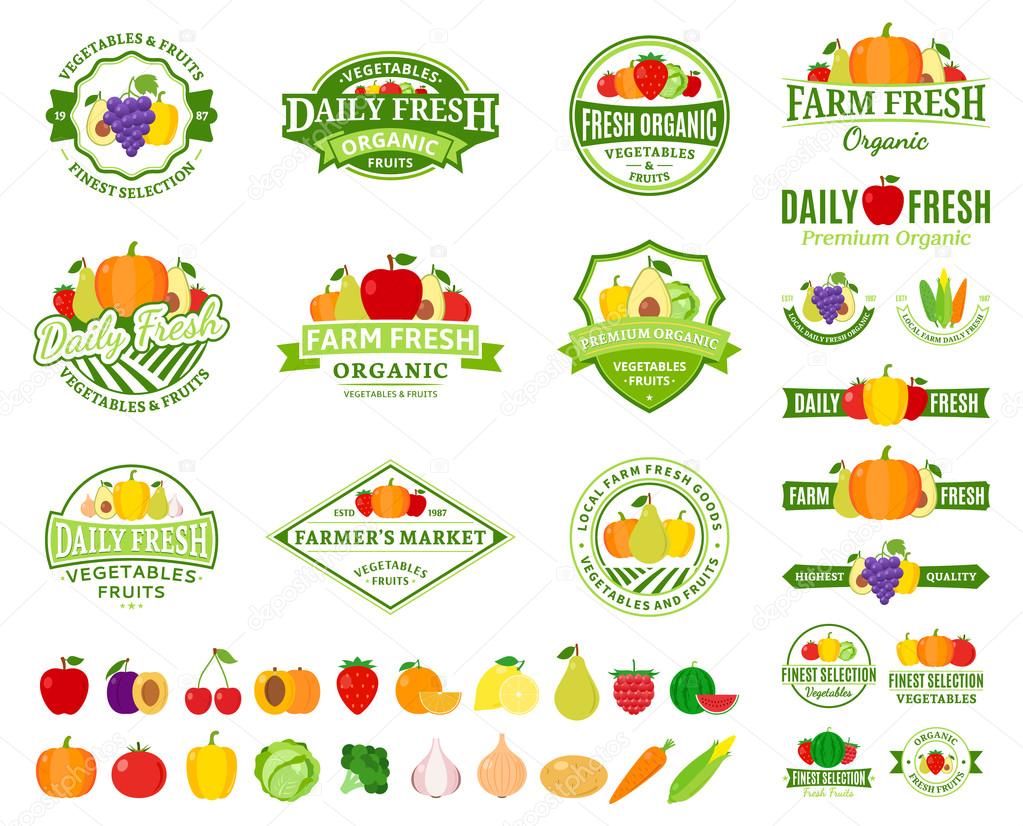 Set of fruit and vegetables logo templates. Fruit and vegetables labels with sample text. Fruits and vegetables icons for groceries, agriculture stores, packaging and advertising. Vector logotype design.