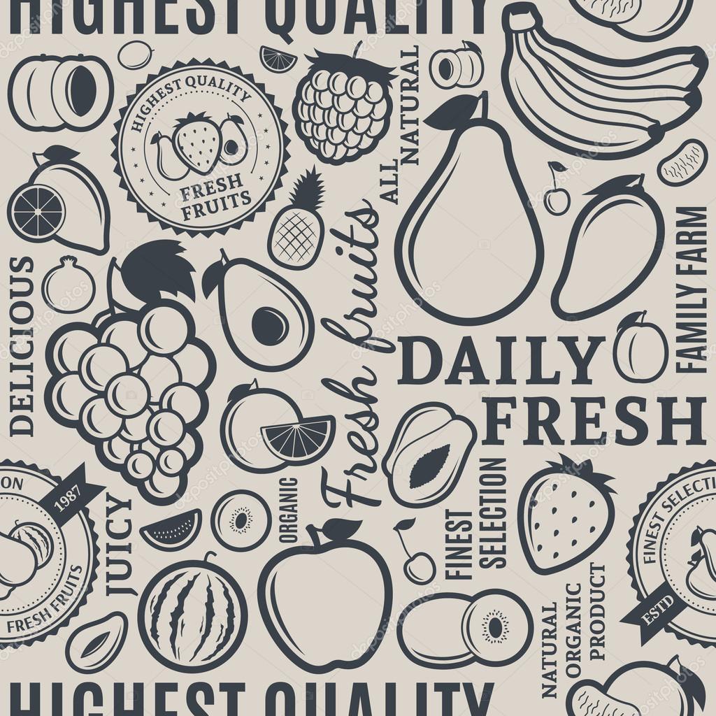 Typographic vector fruits seamless pattern or background. Fruits design elements and icons for web, stores, package and advertising