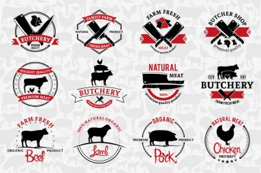 Butchery Logos, Labels, and Design Elements. Farm Animals Silhouettes and Icons clipart