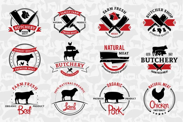 Butchery Logos, Etiquetas e Elementos de Design. Animais de fazenda Silhuetas e ícones —  Vetores de Stock