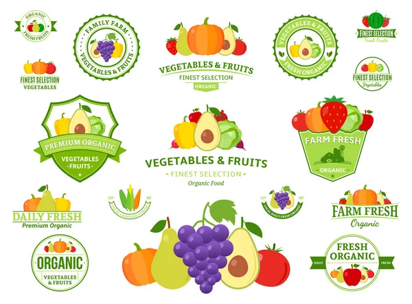 Frutas e legumes Logotipos, Etiquetas, Ícones de frutas e legumes — Vetor de Stock