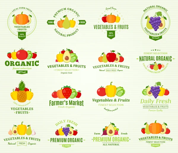 Frutas e Legumes Logos, Etiquetas e Elementos de Design —  Vetores de Stock