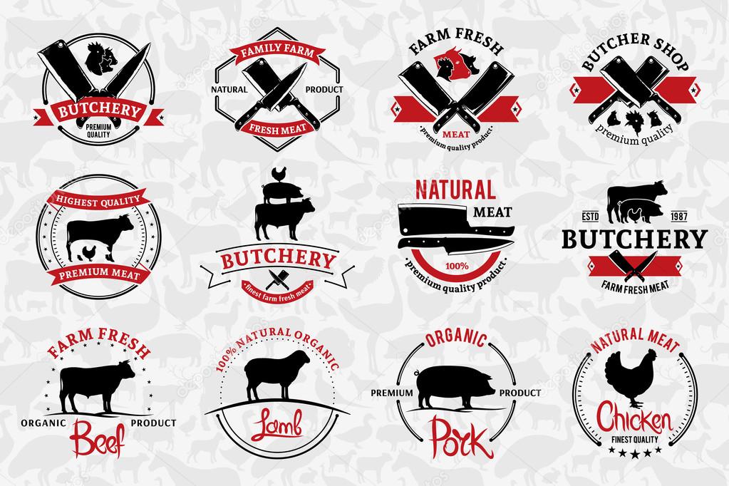 Set of butchery logo templates. Butchery labels with sample text. Butchery design elements and farm animals silhouettes for groceries, meat stores, packaging and advertising.