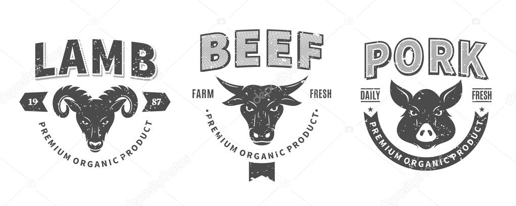 Set of retro styled butchery logo templates. Butchery labels with sample text. Butchery design elements and farm animals icons for groceries, meat stores, packaging and advertising.