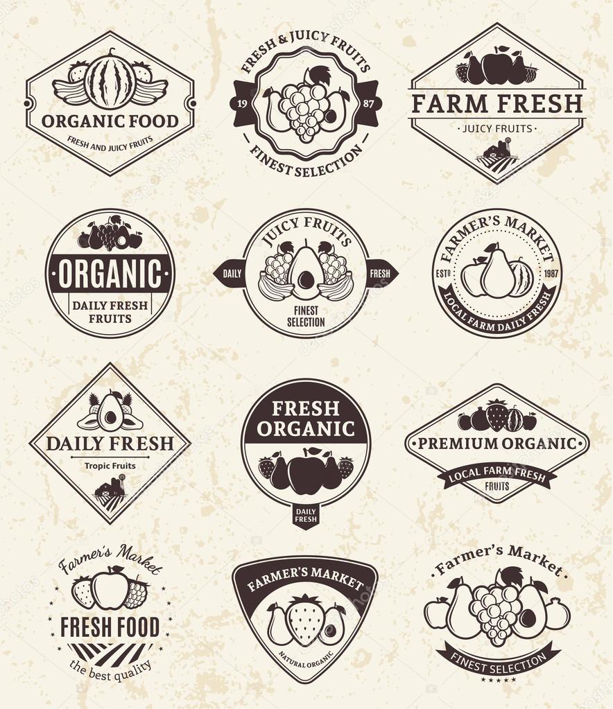 Set of  retro styled fruit logo templates. Fruit labels with sample text. Fruits icons for groceries, agriculture stores, packaging and advertising. Vector logotype design.