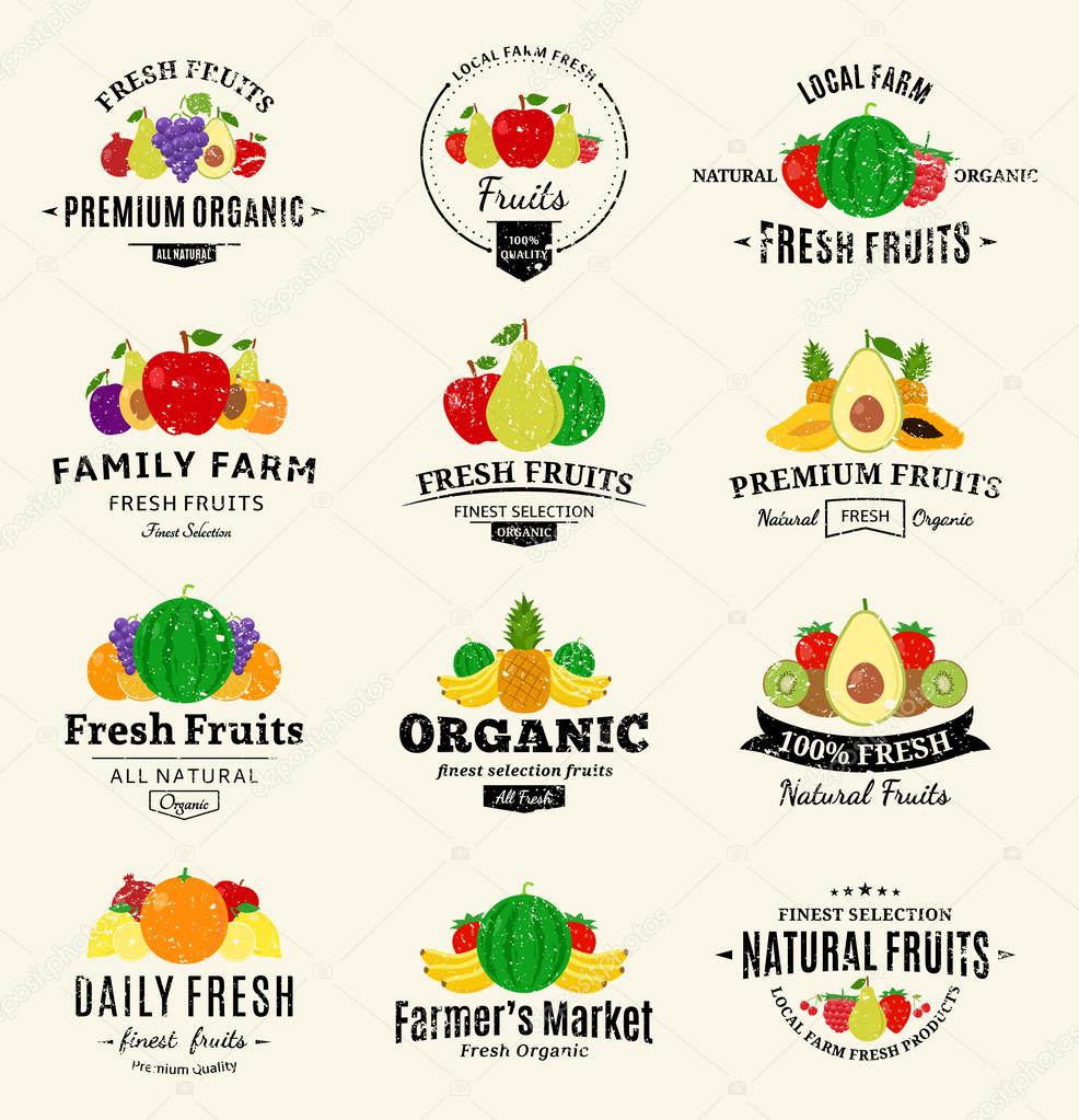 Set of retro styled fruit logo templates. Fruit labels with sample text. Fruits icons for groceries, agriculture stores, packaging and advertising. Vector logotype design.
