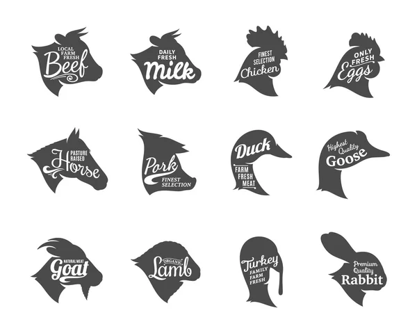 Boerderij dieren pictogrammen collectie, slagerij etiketten sjablonen — Stockvector
