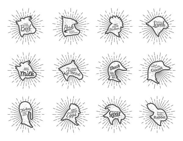 Vintage boerderij dieren pictogrammen collectie, slagerij etiketten sjablonen — Stockvector