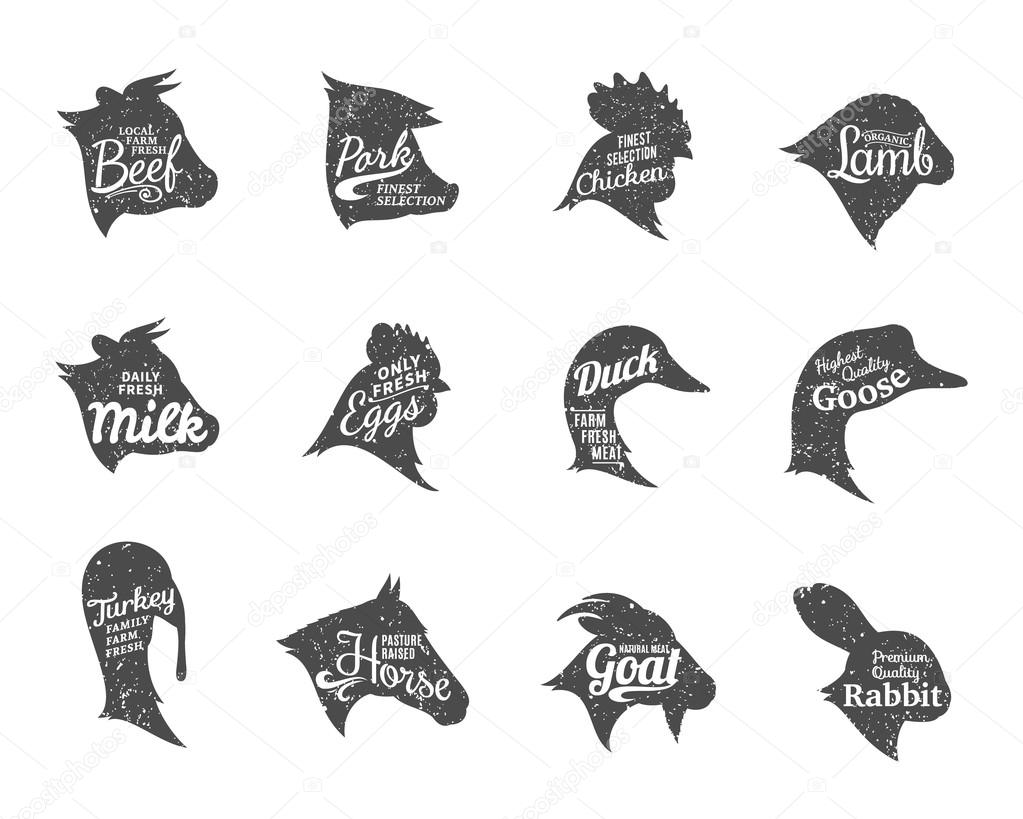 Set of butchery labels templates. Farm animals icons with sample text. Retro styled farm animals icons collection for groceries, meat stores, packaging and advertising. Vector labels design.