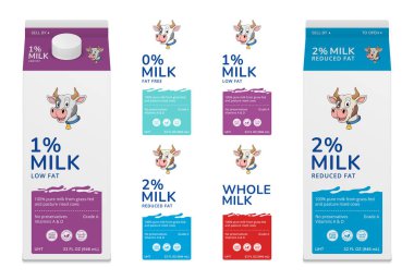 Süt ambalajı tasarımı ve süt karton modelleri için vektör etiketleri