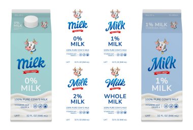 Vektör süt karton paketleme tasarımları ve süt etiketleri
