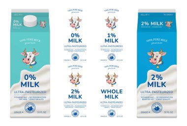 Süt ambalajı tasarımı ve süt karton modelleri için vektör etiketleri