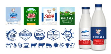 Süt şişesi modelleri, etiket şablonları, logolar ve simgelerle süt endüstrisi markaları için vektör koleksiyonu. Şirin inek illüstrasyonları, süt sıçrama rozetleri ve çiftlik ürünleri, organik süt ürünleri ve marketler için minimalist sığır siluetleri yer alıyor.