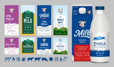 Etiketler, logolar, simgeler, gerçekçi şişe ve karton modeller içeren süt ambalajlama ve markalaştırma tasarımı ve tarım ürünleri, organik süt ürünleri ve market ambalajları için inek çizimleri