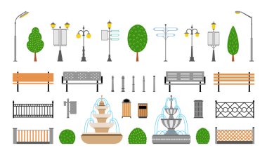 Vector City, Street, Park and Outdoor Elements Icons Set clipart