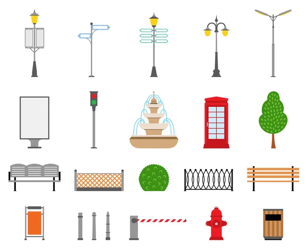 Conjunto de iconos de elementos de ciudad vectorial, calle, parque y exteriores — Archivo Imágenes Vectoriales