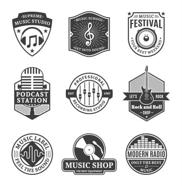 Vektör müzik Logo, simgeler ve tasarım öğeleri kümesi