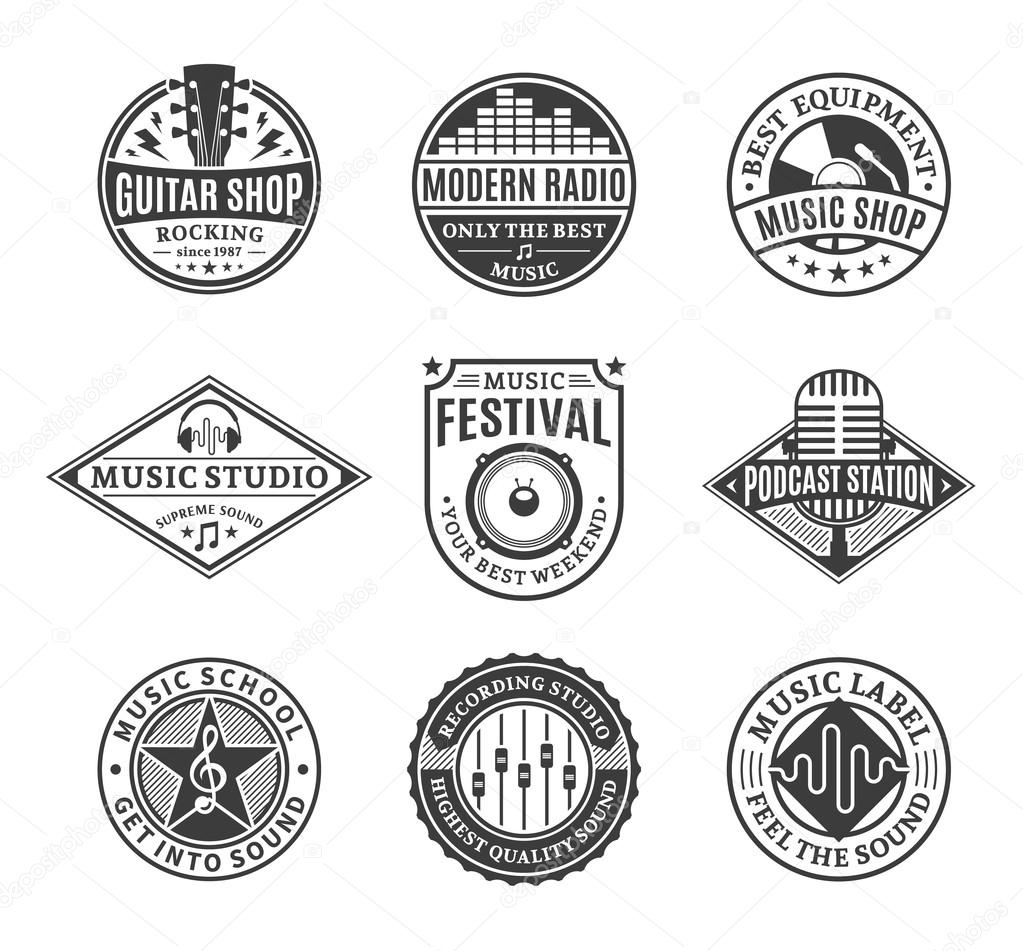 Set of vector music logo. Music studio, festival, radio, school and shop labels with sample text. Music icons for audio store, recording studio label, podcast and radio station, branding and identity.