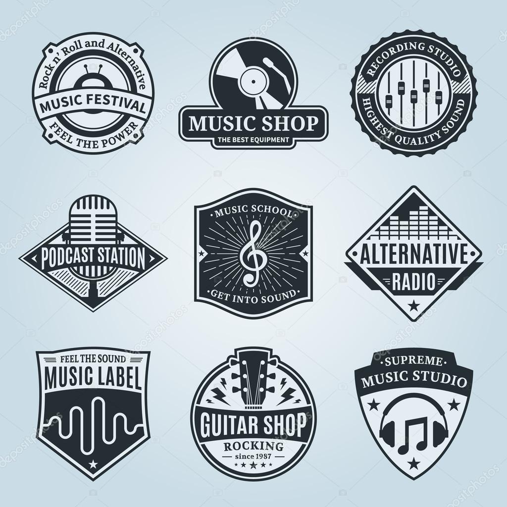 Set of vector music logo. Music studio, festival, radio, school and shop labels with sample text. Music icons for audio store, recording studio label, podcast and radio station, branding and identity.