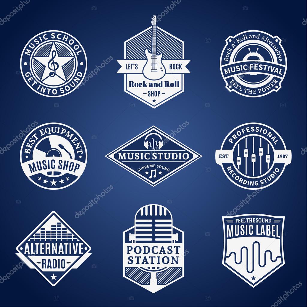 Set of vector music logo. Music studio, festival, radio, school and shop labels with sample text. Music icons for audio store, recording studio label, podcast and radio station, branding and identity.
