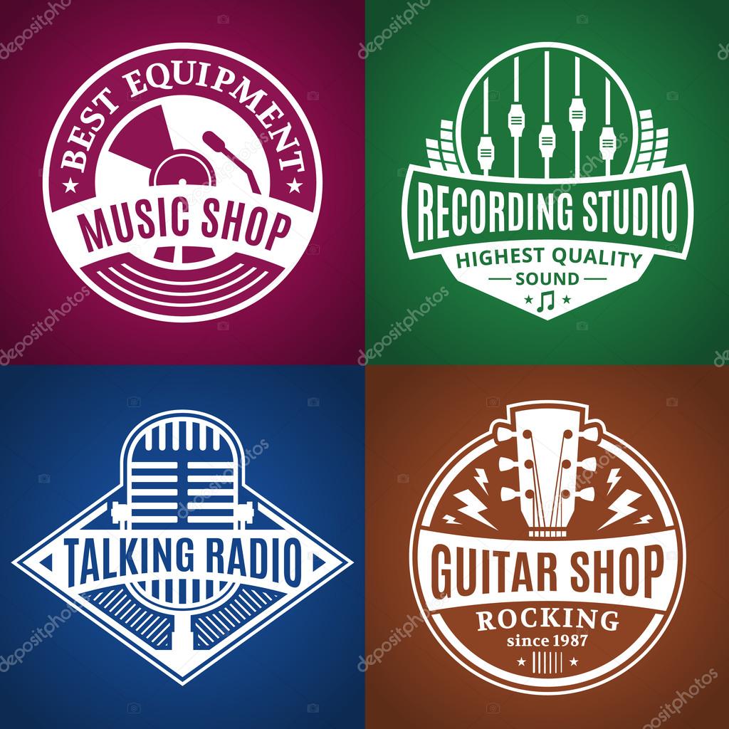 Set of vector music logo. Music studio, radio and shop labels with sample text. Music icons for audio store, recording studio label, podcast and radio station, branding and identity.