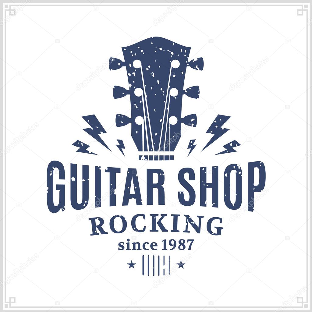 Retro styled guitar shop logo template. Music icon for audio store, branding and identity.