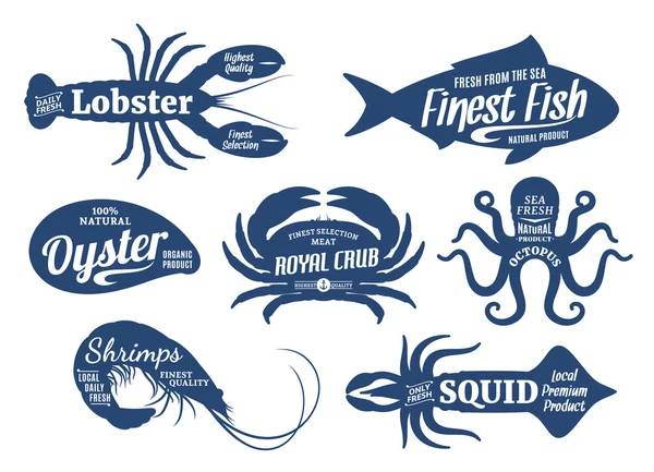 Deniz Ürünleri toplama siluetleri, deniz ürünleri Dükkanı şablon etiketleri — Stok Vektör