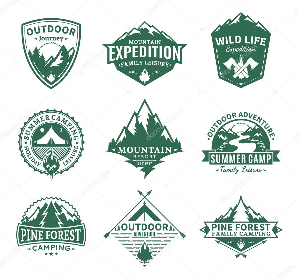 Set of camping and outdoor activity logos. Tourism, hiking and camping labels. Camping and travel icons for tourism organizations, outdoor events and camping leisure.