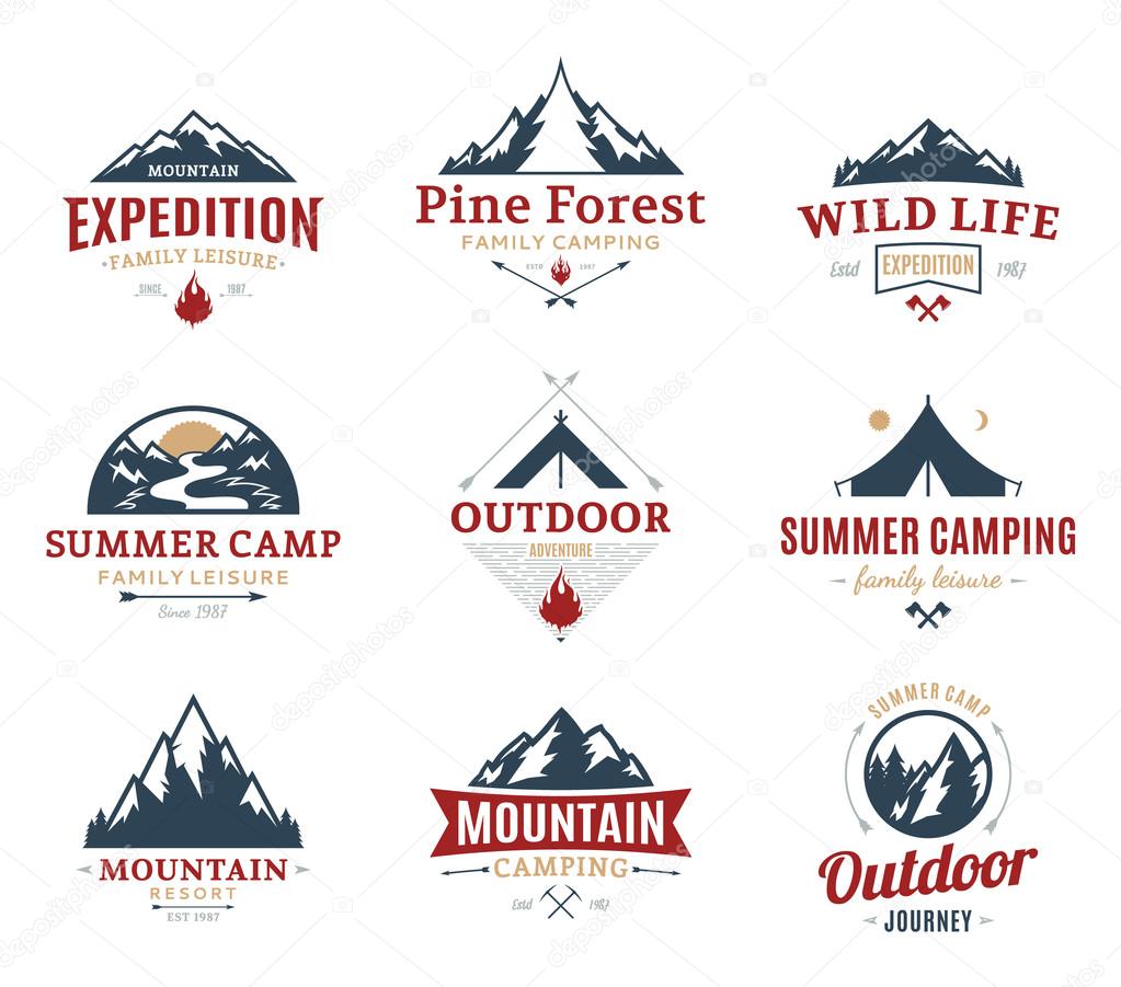 Set of camping and outdoor activity logos. Tourism, hiking and camping labels. Camping and travel icons for tourism organizations, outdoor events and camping leisure.
