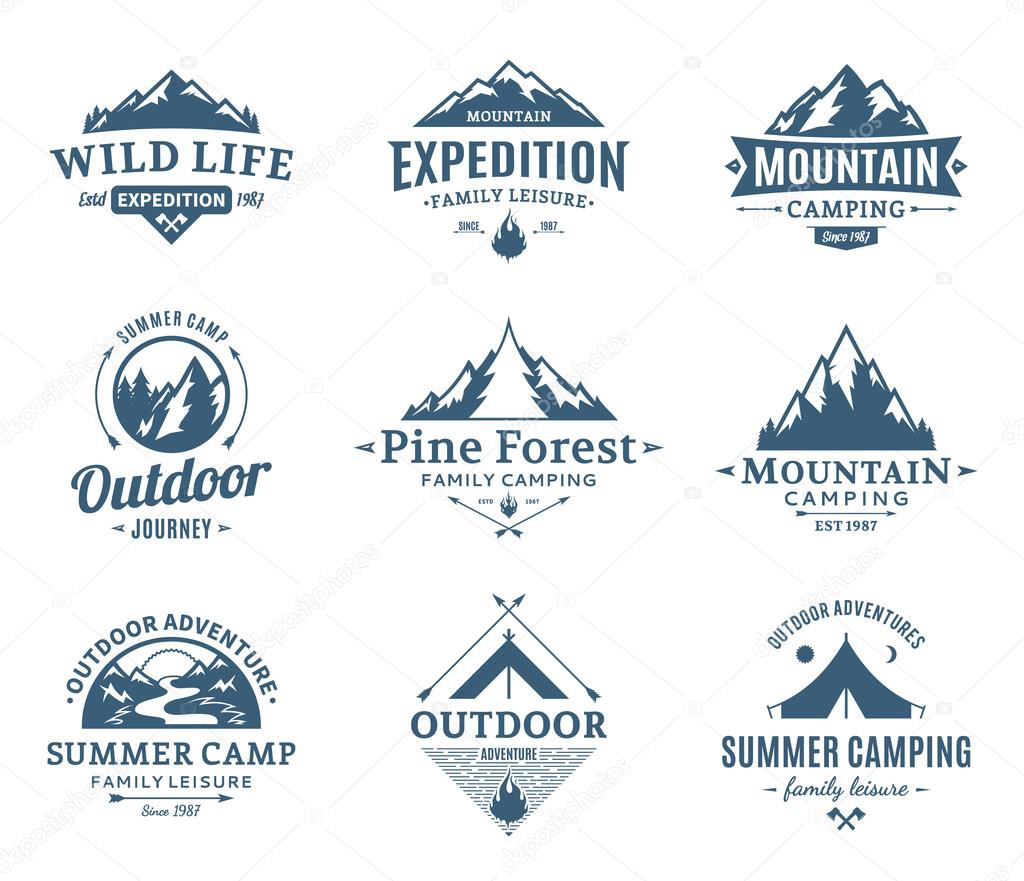 Set of camping and outdoor activity logos. Tourism, hiking and camping labels. Camping and travel icons for tourism organizations, outdoor events and camping leisure.
