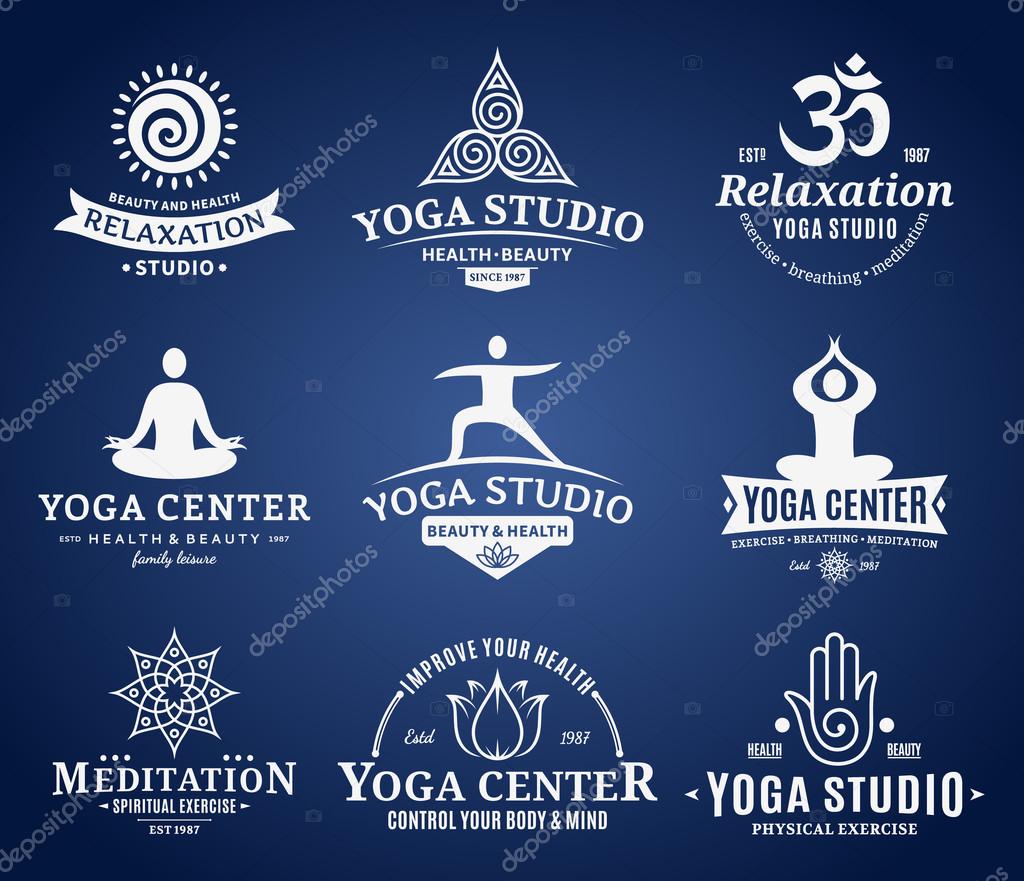 Set of yoga studio and meditation class logos. Yoga icons and design elements for yoga, meditation and relaxation studios. Healthcare, sport, fitness logo design elements.