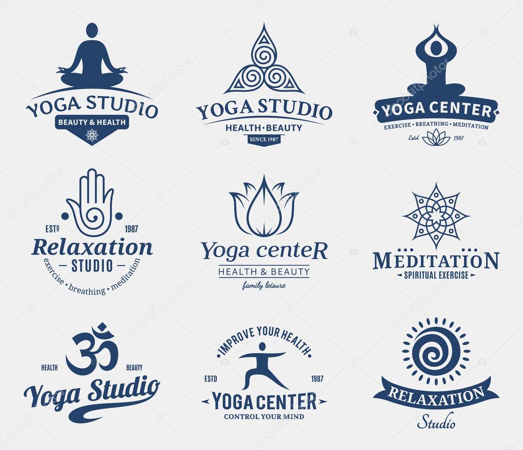 Set of yoga studio and meditation class logos. Yoga icons and design elements for yoga, meditation and relaxation studios. Healthcare, sport, fitness logo design elements.