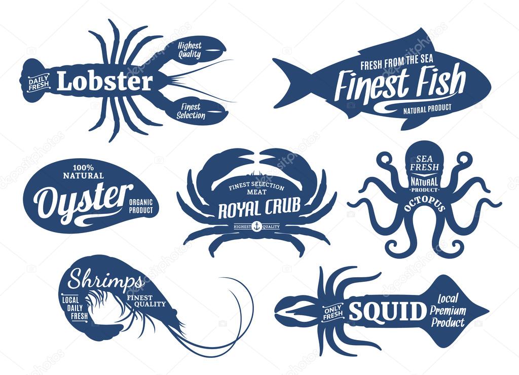 Set of seafood logo templates. Sea animals with sample text. Seafood silhouettes collection for groceries, stores, packaging and advertising. Vector logotype design.