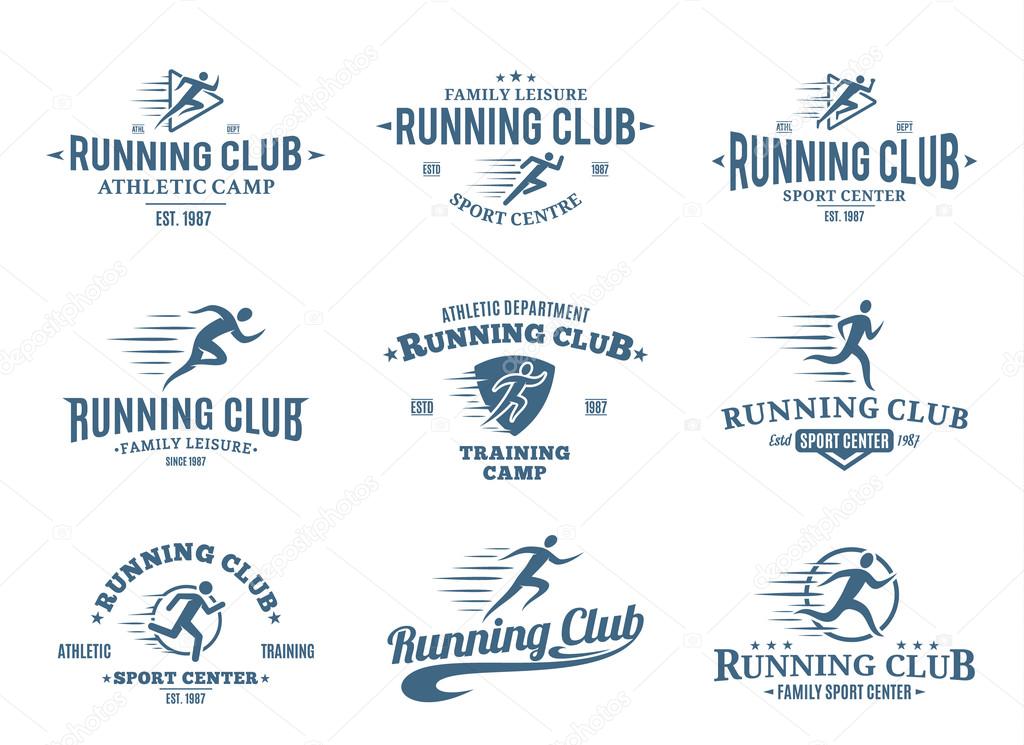Set of running club logo templates. Running club labels with sample text. Running icons for sport tournaments, organizations and marathons. Vector logotype design.