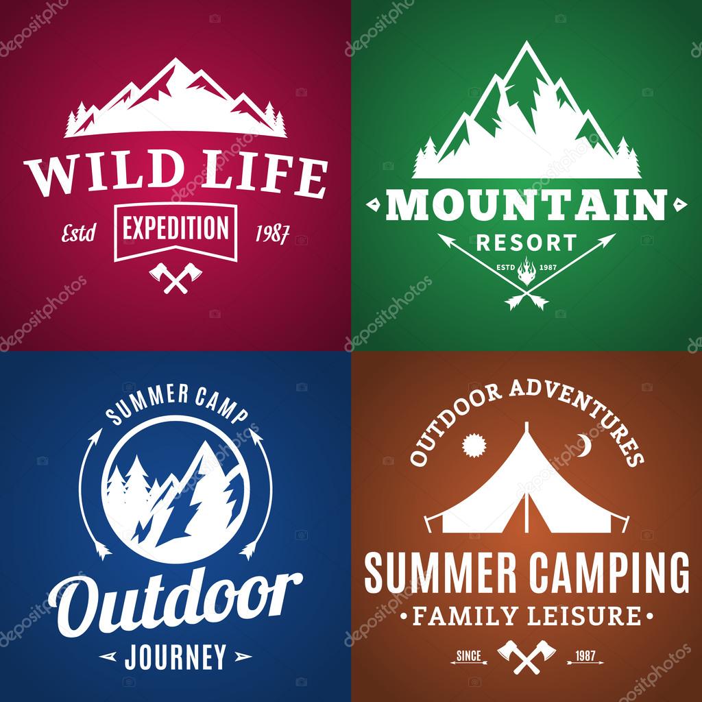 Set of camping and outdoor activity logos. Tourism, hiking and camping labels. Camping and travel icons for tourism organizations, outdoor events and camping leisure.