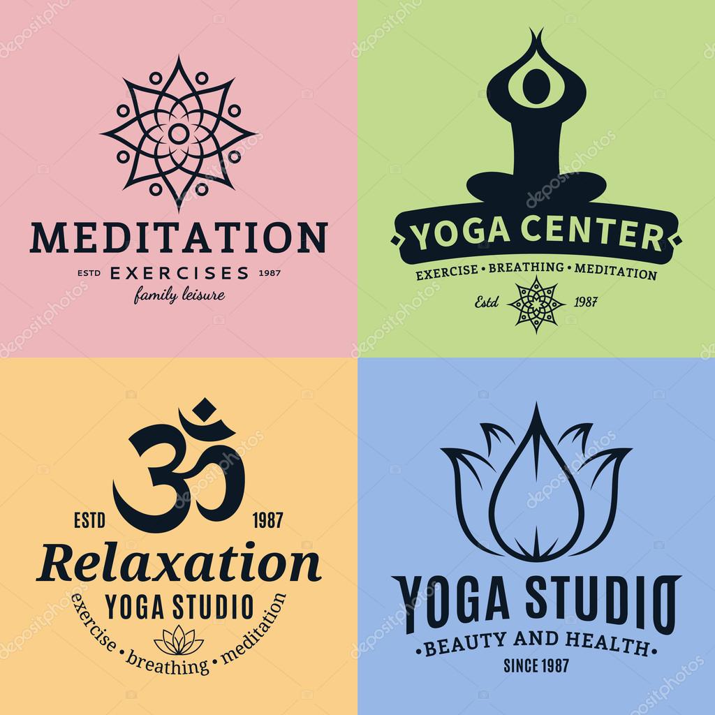 Set of yoga studio and meditation class logos. Yoga icons and design elements for yoga, meditation and relaxation studios. Healthcare, sport, fitness logo design elements.