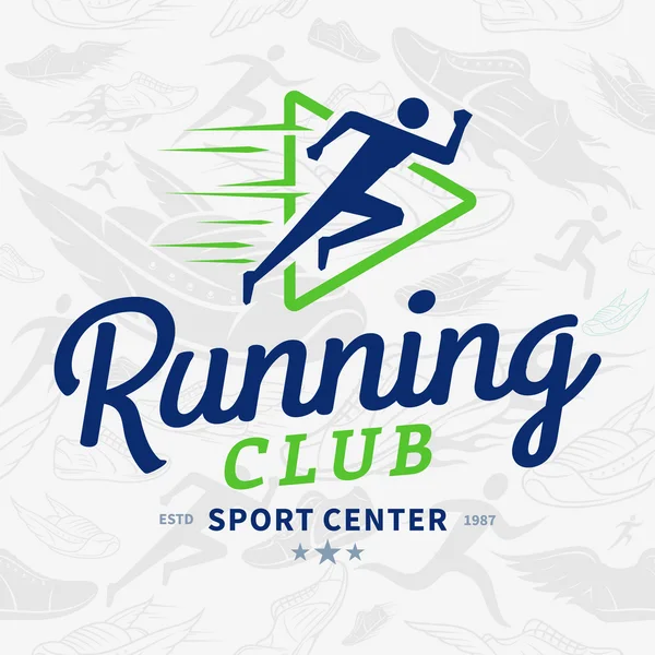 Running Club Logo Template Over Running Shoes Seamless Pattern — Stock Vector