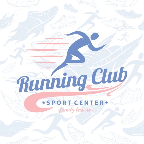 Running Club Logo Template Over Running Shoes Seamless Pattern — Stock Vector