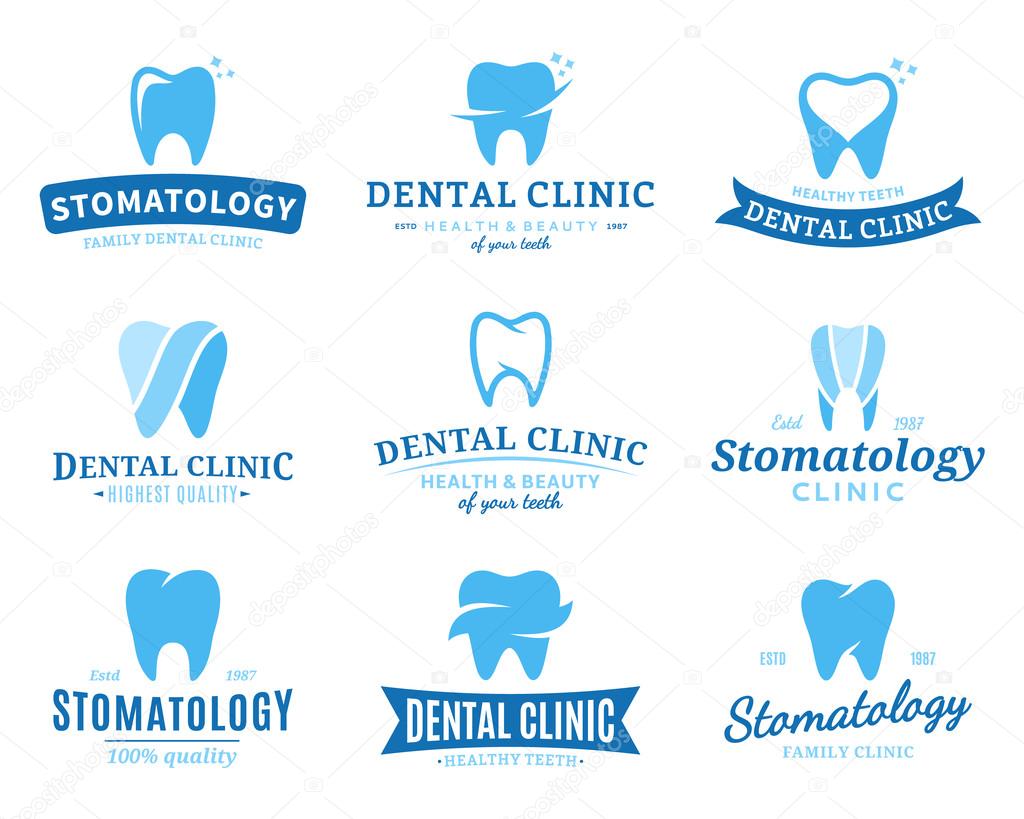 Set of dental clinic logo templates. Dental labels with sample text. Dental icons for stomatology, dentist and dental care clinics. Vector logotype design.