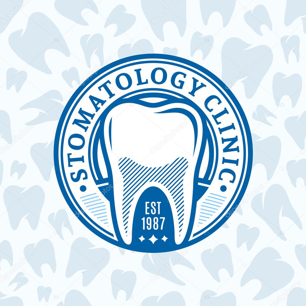 Vector dental clinic logo template over tooth icons background. Dentist logo. Stomatology logo. Tooth icons for stomatology, dentist and dental care clinic. Vector label design.