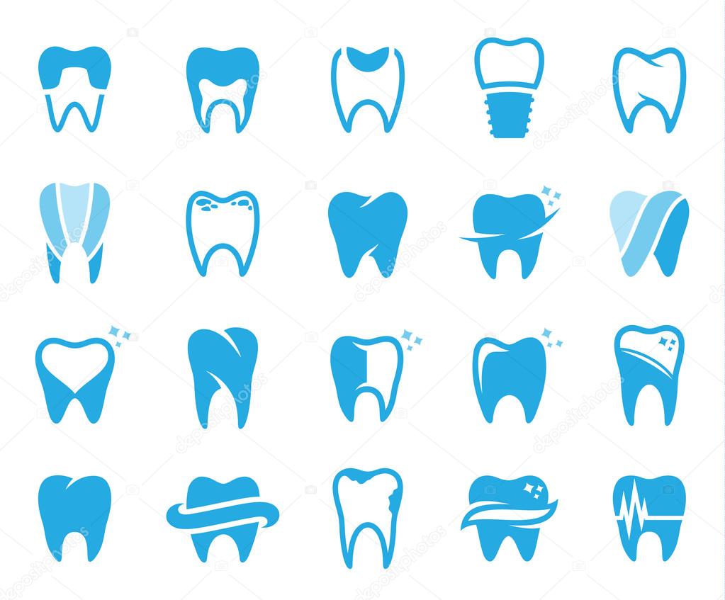 Set of tooth icons, symbols and design elements. Tooth icons for stomatology, dentist and dental care clinics.