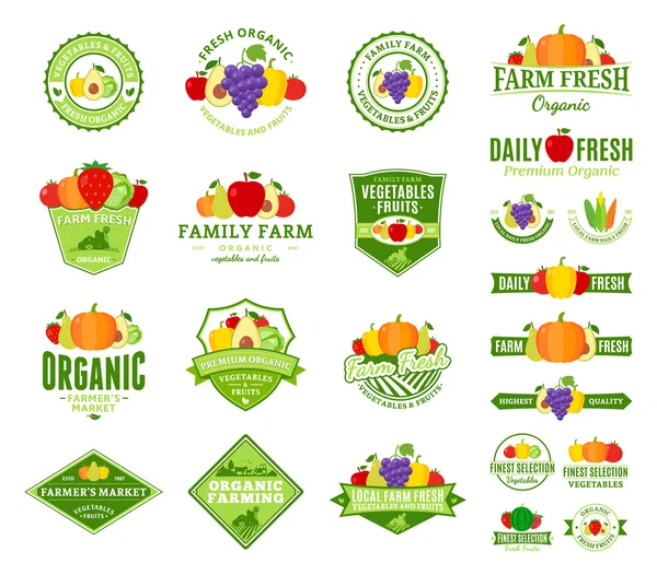 果物や野菜のロゴ、ラベル、果物および野菜アイコン — ストックベクタ
