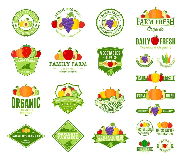 Fruit en groenten Logo, Labels, vruchten en groenten pictogrammen — Stockvector