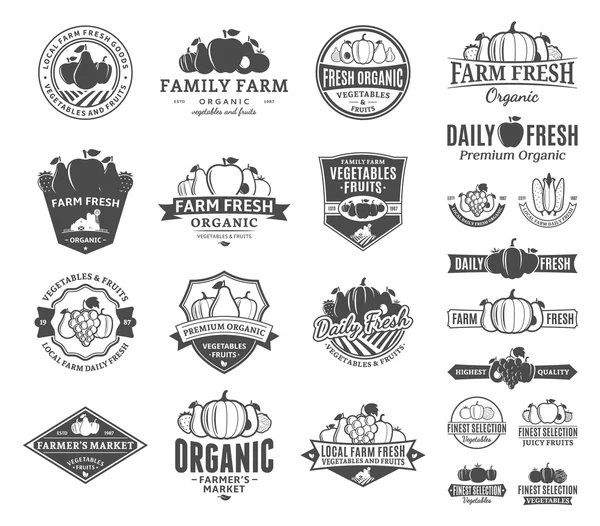 Frutas e legumes Logotipo, Etiquetas, Ícones de frutas e legumes — Vetor de Stock