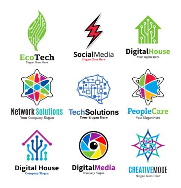 Vektör teknolojisi, ağ ve bilim logosu, simgeler ve tasarım öğeleri