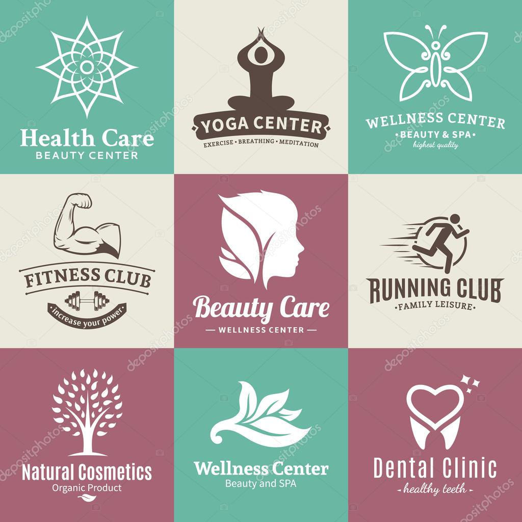 Set of beauty and health logo. Beauty salon and health care branding identity. Beauty and nature icons for beauty salons, health care, cosmetics, spa, yoga and fitness. Health care label design.