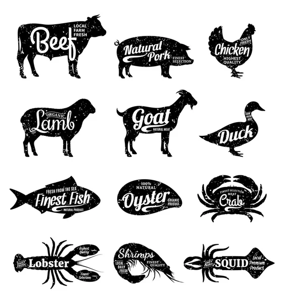 Butcher Shop e Seafood Shop Labels — Vetor de Stock