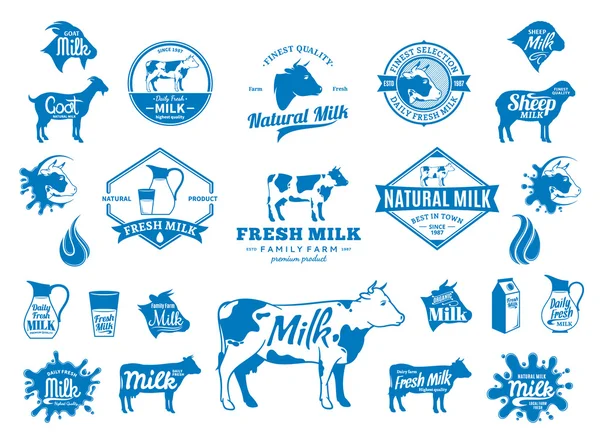 Logotipo de leche, iconos y elementos de diseño — Vector de stock