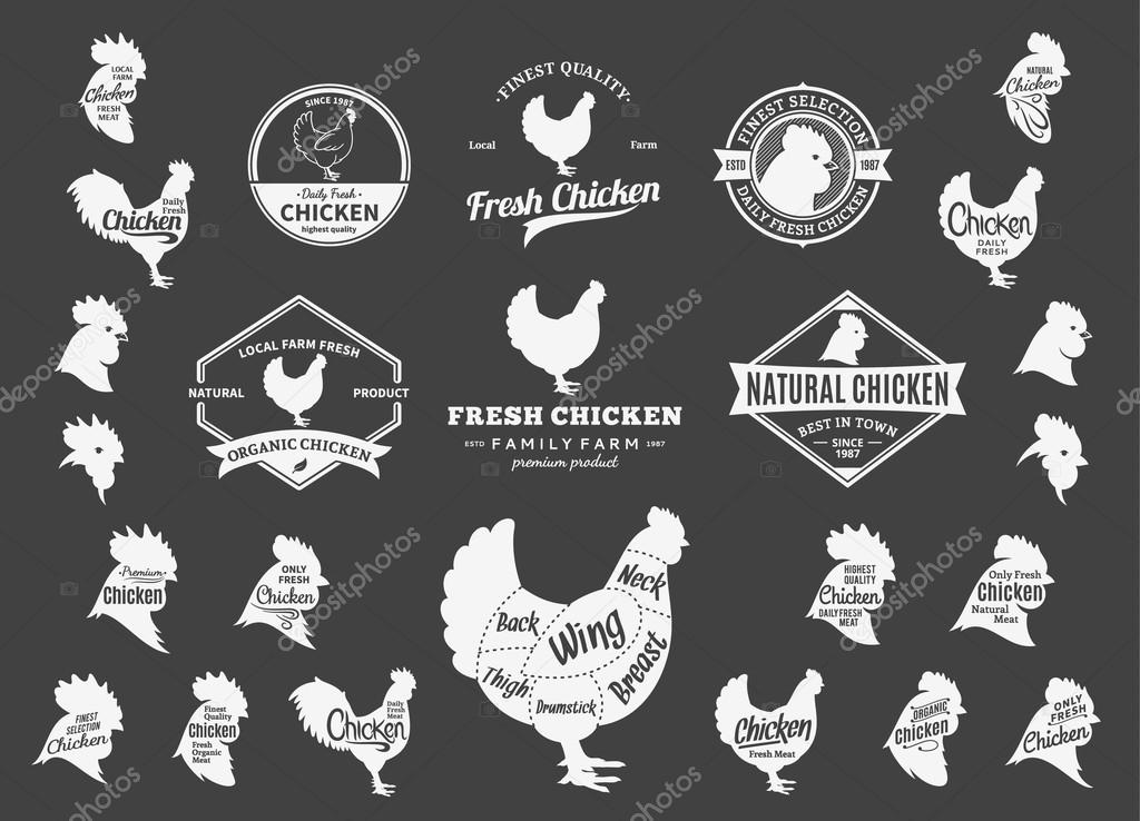 Set of chicken logo. Butchery labels with sample text. Chicken design elements, hen and rooster icons and silhouettes for groceries, meat stores, packaging and advertising. Chicken cuts diagram