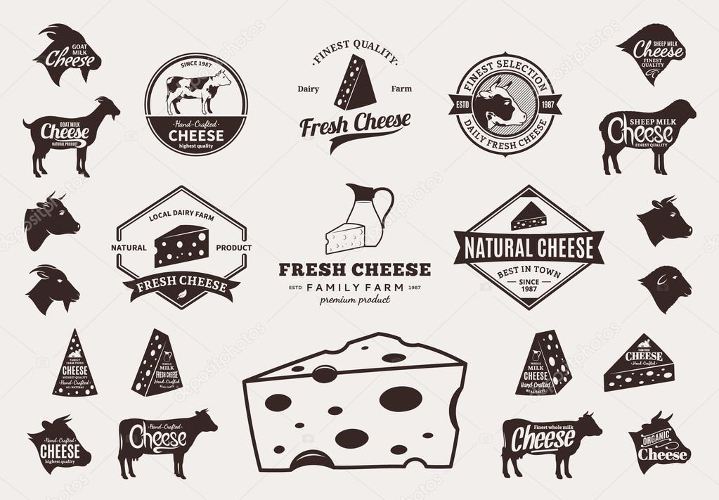 Set of cheese logo. Cheese labels with sample text. Cheese icons and design elements for groceries, agriculture stores, packaging and advertising. Farm animals icons.